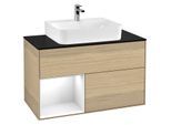 Villeroy und Boch Finion Waschtischunterschrank F112GFPC 100cm, Abdeckplatte white matt, Regal links Glossy white lacquer, Oak Veneer
