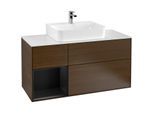 Villeroy und Boch Finion Waschtischunterschrank G161PDGN 120cm, Abdeckplatte white matt, Emotion, Regal links Black matt lacquer, Walnut veneer