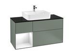 Villeroy und Boch Finion Waschtischunterschrank F162GFGM 120cm, Abdeckplatte black matt, Regal links Glossy white lacquer, Olive Matt Lacquer