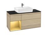 Villeroy und Boch Finion Waschtischunterschrank F162HFPC 120cm, Abdeckplatte black matt, Regal links Gold matt, Oak Veneer