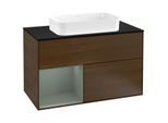Villeroy und Boch Finion Waschtischunterschrank G242GMGN 100cm, Abdeckplatte black matt, Emotion, Regal links Olive Matt Lacquer, Walnut veneer