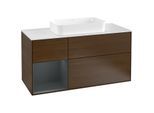 Villeroy und Boch Finion Waschtischunterschrank F291HGGN 120cm, Abdeckplatte white matt, Regal links Midnight Blue Matt Lacquer, Walnut veneer