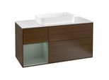 Villeroy und Boch Finion Waschtischunterschrank F291GMGN 120cm, Abdeckplatte white matt, Regal links Olive Matt Lacquer, Walnut veneer