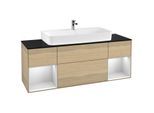 Villeroy und Boch Finion Waschtischunterschrank F212MTPC 160cm, Abdeckplatte black matt, Regale White matt lacquer, Oak Veneer