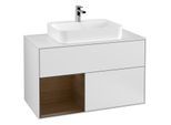 Villeroy und Boch Finion Waschtischunterschrank G361GNMT 100cm, Abdeckplatte white matt, Emotion, Regal links Walnut veneer, White matt lacquer
