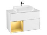 Villeroy und Boch Finion Waschtischunterschrank F361HFGF 100cm, Abdeckplatte white matt, Regal links Gold matt, Glossy white lacquer