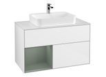Villeroy und Boch Finion Waschtischunterschrank F361GMGF 100cm, Abdeckplatte white matt, Regal links Olive Matt Lacquer, Glossy white lacquer
