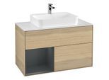 Villeroy und Boch Finion Waschtischunterschrank F361HGPC 100cm, Abdeckplatte white matt, Regal links Midnight Blue Matt Lacquer, Oak Veneer