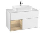 Villeroy und Boch Finion Waschtischunterschrank F361PCGF 100cm, Abdeckplatte white matt, Regal links Oak Veneer, Glossy white lacquer