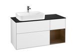 Villeroy und Boch Finion Waschtischunterschrank F402GNGF 120cm, Abdeckplatte black matt, Regal rechts Walnut veneer, Glossy white lacquer