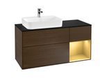 Villeroy und Boch Finion Waschtischunterschrank F402HFGN 120cm, Abdeckplatte black matt, Regal rechts Gold matt, Walnut veneer