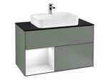 Villeroy und Boch Finion Waschtischunterschrank G362GFGM 100cm, Abdeckplatte black matt, Emotion, Regal links Glossy white lacquer, Olive Matt Lacquer