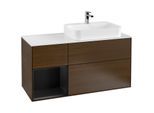 Villeroy und Boch Finion Waschtischunterschrank F391PDGN 120cm, Abdeckplatte white matt, Regal links Black matt lacquer, Walnut veneer