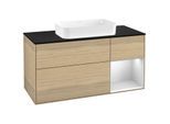 Villeroy und Boch Finion Waschtischunterschrank G302MTPC 120cm, Abdeckplatte black matt, Emotion, Regal rechts White matt lacquer, Oak Veneer