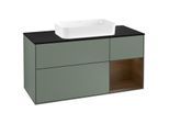 Villeroy und Boch Finion Waschtischunterschrank F302GNGM 120cm, Abdeckplatte black matt, Regal rechts Walnut veneer, Olive Matt Lacquer