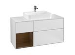 Villeroy und Boch Finion Waschtischunterschrank F411GNMT 120cm, Abdeckplatte white matt, Regal links Walnut veneer, White matt lacquer