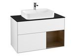 Villeroy und Boch Finion Waschtischunterschrank F372GNGF 100cm, Abdeckplatte black matt, Regal rechts Walnut veneer, Glossy white lacquer