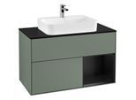 Villeroy und Boch Finion Waschtischunterschrank F372PDGM 100cm, Abdeckplatte black matt, Regal rechts Black matt lacquer, Olive Matt Lacquer