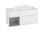Villeroy und Boch Finion Waschtischunterschrank F291GMGF 120cm, Abdeckplatte white matt, Regal links Olive Matt Lacquer, Glossy white lacquer