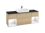 Villeroy und Boch Finion Waschtischunterschrank F452GFPC 160x60,3cm, Abdeckplatte black matt, Regale Glossy white lacquer, Oak Veneer
