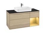 Villeroy und Boch Finion Waschtischunterschrank F422HFPC 120cm, Abdeckplatte black matt, Regal rechts Gold matt, Oak Veneer