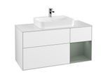 Villeroy und Boch Finion Waschtischunterschrank G421GMGF 120cm, Abdeckplatte white matt, Emotion, Regal rechts Olive matt, Glossy white lacquer