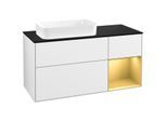 Villeroy und Boch Finion Waschtischunterschrank F282HFGF 120cm, Abdeckplatte black matt, Regal rechts Gold matt, Glossy white lacquer