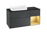 Villeroy und Boch Finion Waschtischunterschrank F282HFHG 120cm, Abdeckplatte black matt, Regal rechts Gold matt, Midnight Blue Matt Lacquer