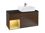 Villeroy und Boch Finion Waschtischunterschrank F142HFGN 120cm, Abdeckplatte Glass Black Matt, Regal links Gold matt, Walnut veneer