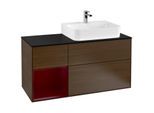 Villeroy und Boch Finion Waschtischunterschrank F142HBGN 120cm, Abdeckplatte Glass Black Matt, Regal links Peony, Walnut veneer
