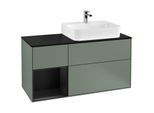 Villeroy und Boch Finion Waschtischunterschrank F142PDGM 120cm, Abdeckplatte Glass Black Matt, Regal links Black matt lacquer, Olive Matt Lacquer