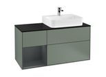 Villeroy und Boch Finion Waschtischunterschrank F142HGGM 120cm, Abdeckplatte Glass Black Matt, Regal links Midnight Blue Matt Lacquer, Olive Matt Lacquer