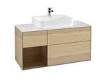 Villeroy und Boch Finion Waschtischunterschrank F161GNPC 120cm, Abdeckplatte white matt, Regal links Walnut veneer, Oak Veneer
