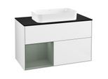 Villeroy und Boch Finion Waschtischunterschrank F242GMGF 100x60,3cm, Abdeckplatte black matt, Regal links Olive Matt Lacquer, Glossy white lacquer