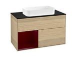 Villeroy und Boch Finion Waschtischunterschrank F242HBPC 100x60,3cm, Abdeckplatte black matt, Regal links Peony, Oak Veneer