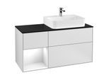 Villeroy und Boch Finion Waschtischunterschrank G142GFMT 120cm, Abdeckplatte black matt, Emotion, Regal links Glossy white lacquer, White matt lacquer