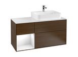 Villeroy und Boch Finion Waschtischunterschrank F141GFGN 120cm, Abdeckplatte glass white Matt, Regal links Glossy white lacquer, Walnut veneer