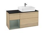 Villeroy und Boch Finion Waschtischunterschrank G142GMPC 120cm, Abdeckplatte black matt, Emotion, Regal links Olive Matt Lacquer, Oak Veneer