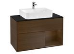 Villeroy und Boch Finion Waschtischunterschrank G122GNGN 100cm, Abdeckplatte black matt, Emotion, Regal rechts Walnut veneer, Walnut veneer