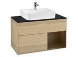 Villeroy und Boch Finion Waschtischunterschrank G122GNPC 100cm, Abdeckplatte black matt, Emotion, Regal rechts Walnut veneer, Oak Veneer