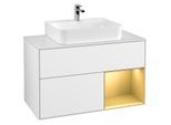Villeroy und Boch Finion Waschtischunterschrank F121HFGF 100cm, Abdeckplatte weiß matt, Regal rechts Gold matt, Glossy white lacquer