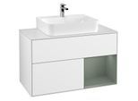 Villeroy und Boch Finion Waschtischunterschrank F121GMGF 100cm, Abdeckplatte weiß matt, Regal rechts Olive Matt Lacquer, Glossy white lacquer