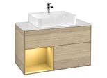 Villeroy und Boch Finion Waschtischunterschrank G111HFPC 100cm, Abdeckplatte white matt, Emotion, Regal links Gold matt, Oak Veneer