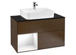 Villeroy und Boch Finion Waschtischunterschrank G112GFGN 100cm, Abdeckplatte black matt, Emotion, Regal links Glossy white lacquer, Walnut veneer
