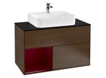 Villeroy und Boch Finion Waschtischunterschrank G112HBGN 100cm, Abdeckplatte black matt, Emotion, Regal links Peony, Walnut veneer