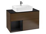 Villeroy und Boch Finion Waschtischunterschrank G112PDGN 100cm, Abdeckplatte black matt, Emotion, Regal links Black matt lacquer, Walnut veneer