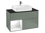 Villeroy und Boch Finion Waschtischunterschrank F112GFGM 100cm, Abdeckplatte white matt, Regal links Glossy white lacquer, Olive Matt Lacquer