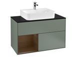 Villeroy und Boch Finion Waschtischunterschrank G112GNGM 100cm, Abdeckplatte black matt, Emotion, Regal links Walnut veneer, Olive Matt Lacquer