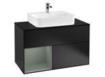 Villeroy und Boch Finion Waschtischunterschrank G112GMPD 100cm, Abdeckplatte black matt, Emotion, Regal links Olive Matt Lacquer, Black matt lacquer