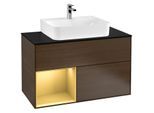 Villeroy und Boch Finion Waschtischunterschrank F112HFGN 100cm, Abdeckplatte white matt, Regal links Gold matt, Walnut veneer